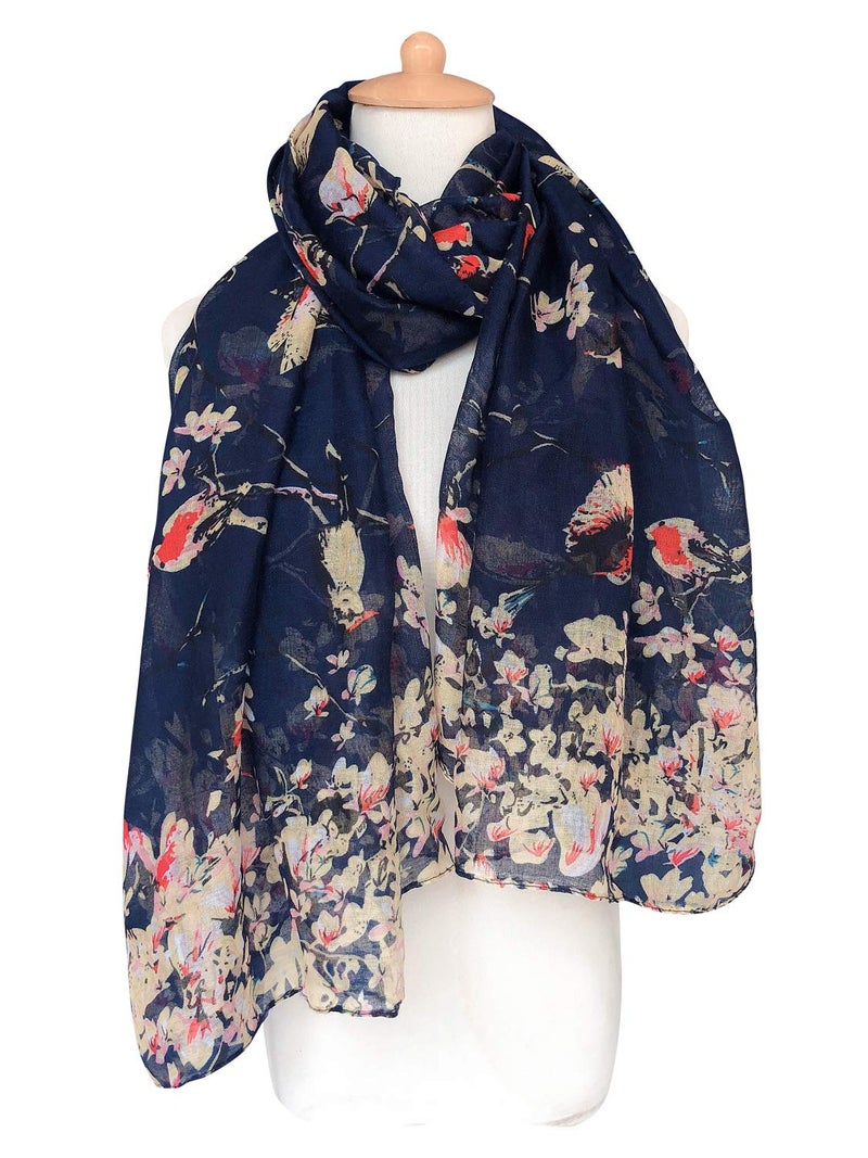 GERINLY أوشحة جيرينلي النسائية العصرية باللون navy خفيفة الوزن كبيرة من القطن لتغطية الرأس هدية للأمهات Bufanda PÃ¡jaros (أزرق داكن) - Image 2